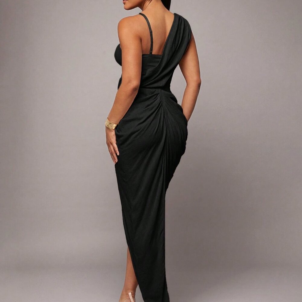 Black Party Women's Romantic Date Night Asymmetric Drapey Maxi dress - Picture 2 of 7